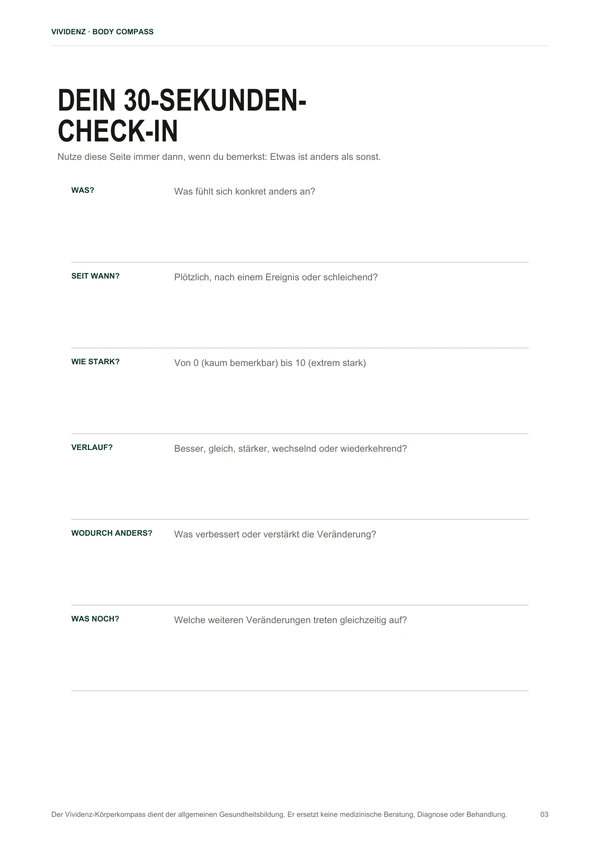 Originalseite „Dein 30-Sekunden-Check-in“ mit freien Feldern zum Festhalten einer Veränderung und ihres Verlaufs.